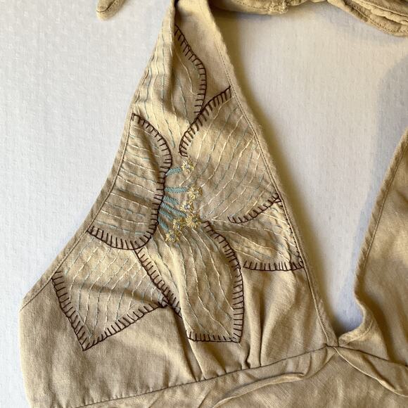 Gadzooks Women Dress M Beige Linen Floral Embroidery Halter A-Line Knee Length - Picture 8 of 11
